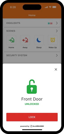 Alarm.com app lock control screen