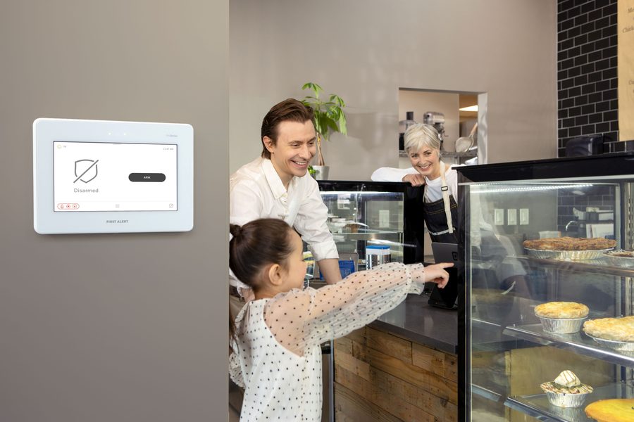 Security professional walking a bakery owner through her ProSeries panel