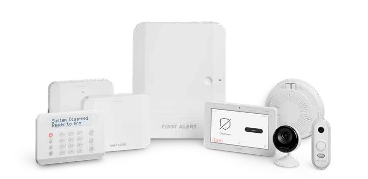 The First Alert VISTA H3 kit &mdash; control panel, keypad, door and window
                sensors, motion detector, siren, indoor camera and key fob